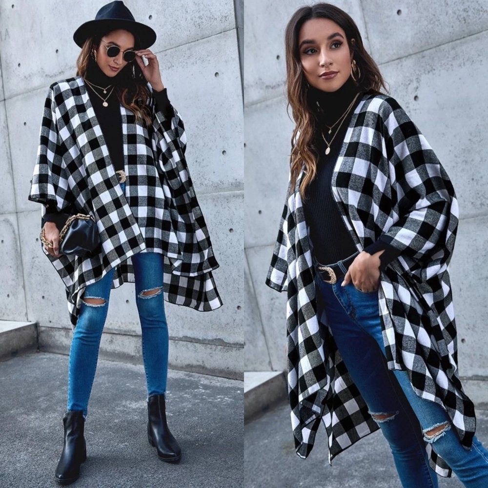 Plaid Poncho Kimono - Picture 2 of 3